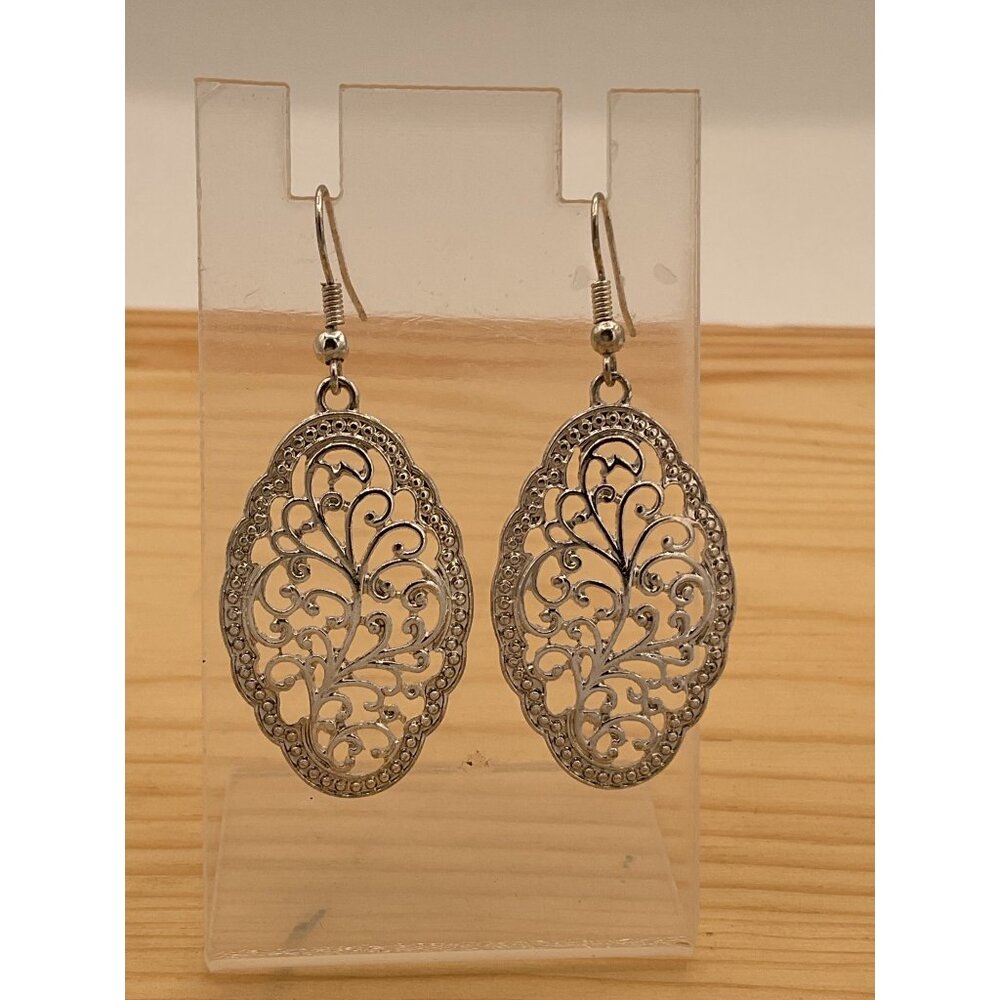 Silver-Tone Oval Filigree Dangle Earrings Lightweight & Elegant Jewelry For Wome